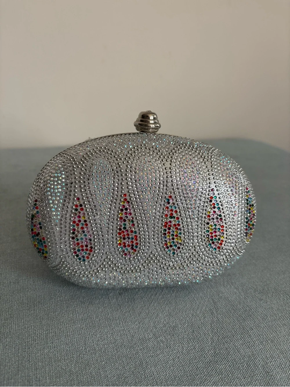 Sparkling Silver Crystal Evening Clutch with Multicolor Accents